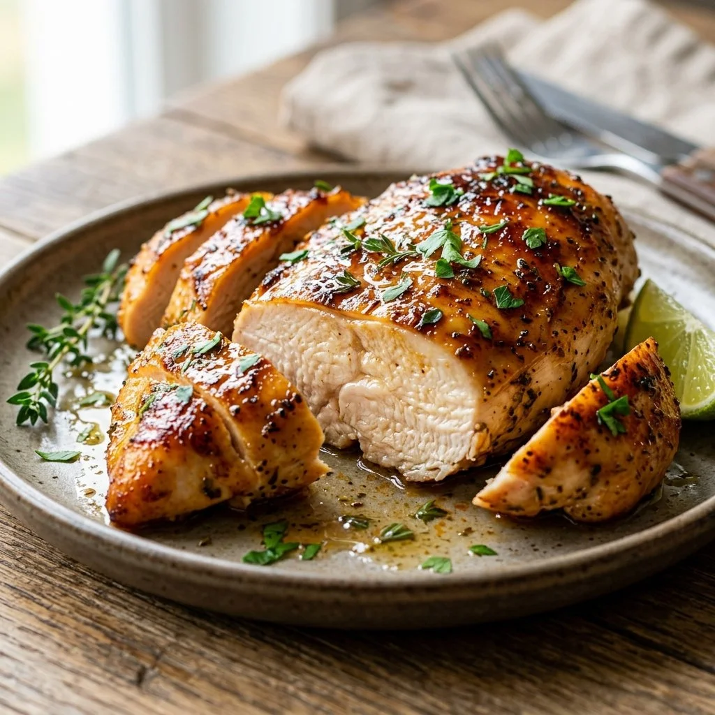 Juicy baked chicken breast seasoned with herbs and spices