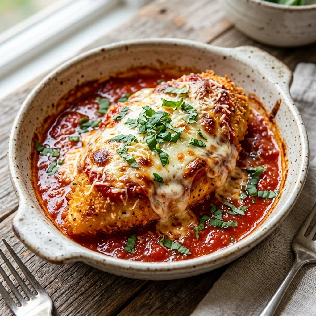 Delicious Baked Chicken Parmesan served on a plate with marinara sauce and cheese.