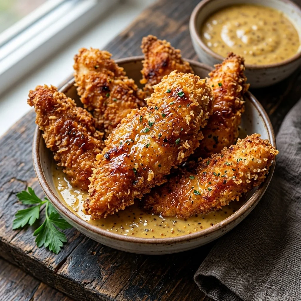 Delicious baked chicken tenders served with dipping sauce