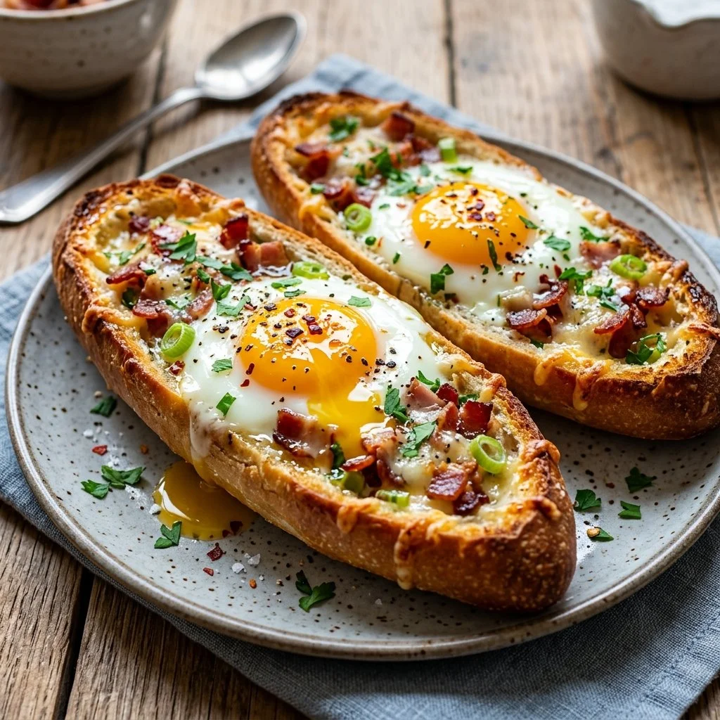 Delicious baked egg boats filled with toppings for a tasty breakfast dish.