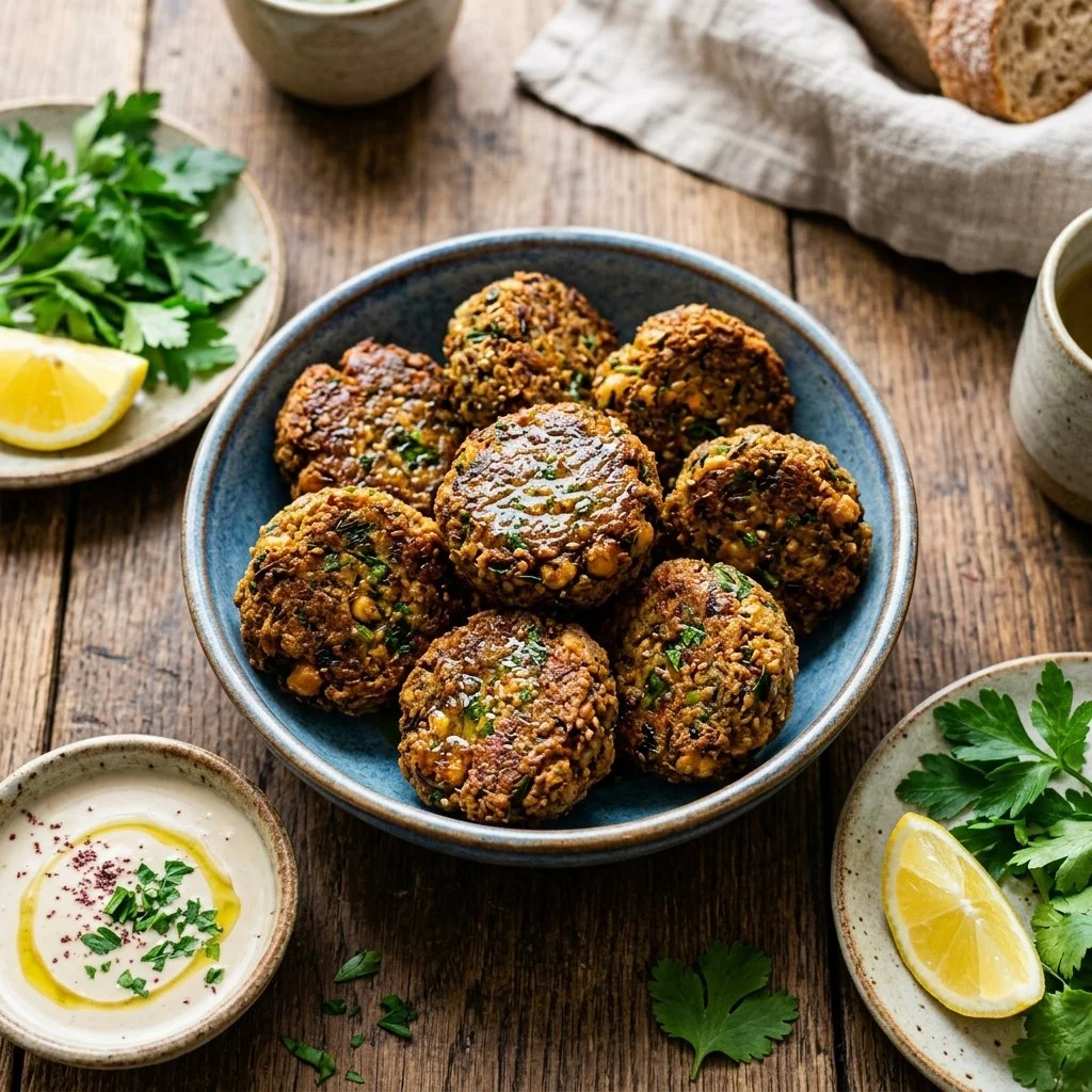 Plate of crispy baked falafel served with fresh veggies and dipping sauce