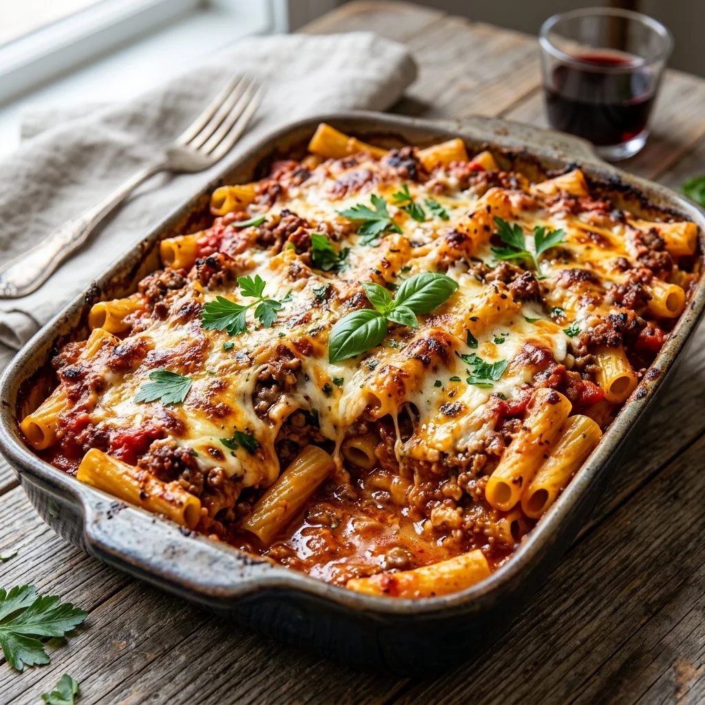Delicious baked ziti with savory meat and gooey cheese served in a dish
