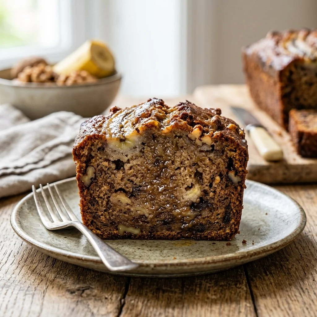 Delicious homemade banana bread with walnuts and chocolate chips.