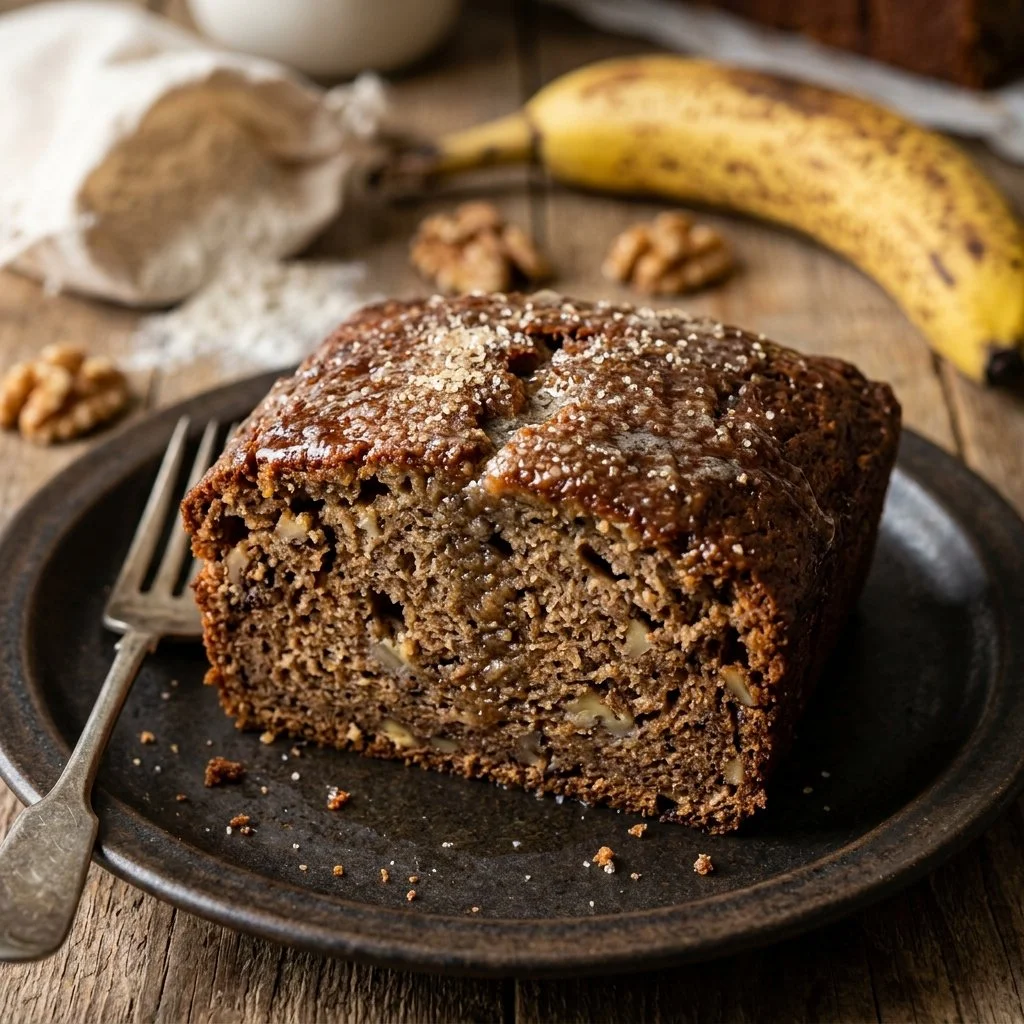 A freshly baked loaf of banana bread with nuts and chocolate chips