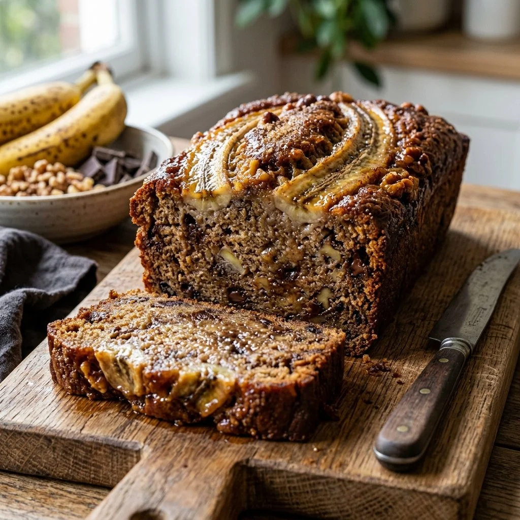 Freshly baked banana bread loaf on a wooden table