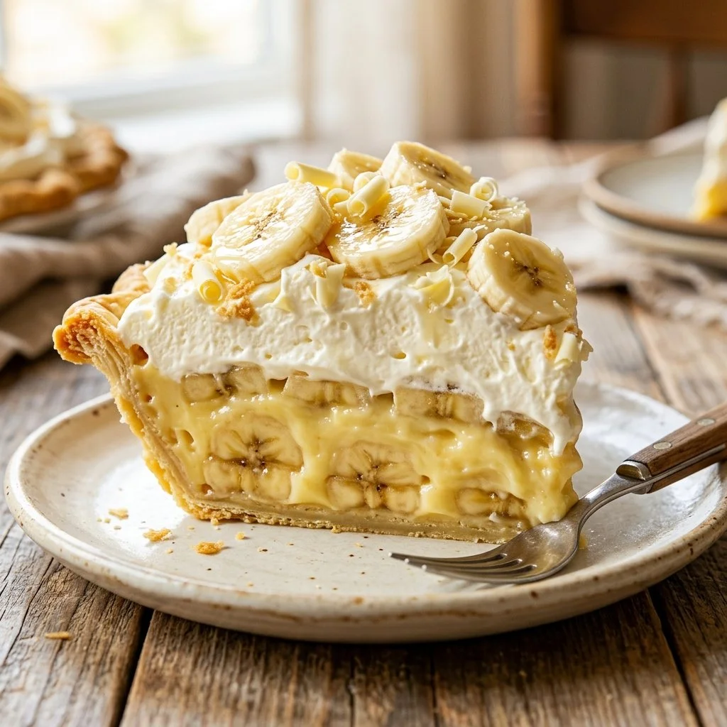 Slice of homemade Banana Cream Pie topped with whipped cream and banana slices.