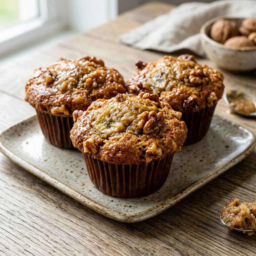 Freshly baked Banana Nut Muffins on a wooden table