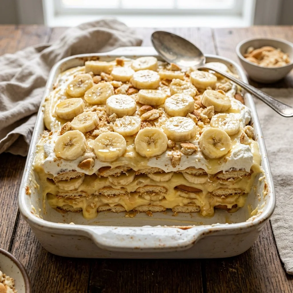 Delicious banana pudding lasagna layered with creamy pudding and ripe bananas