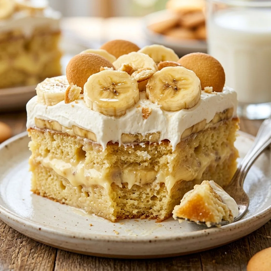Delicious Banana Pudding Poke Cake topped with cream and banana slices