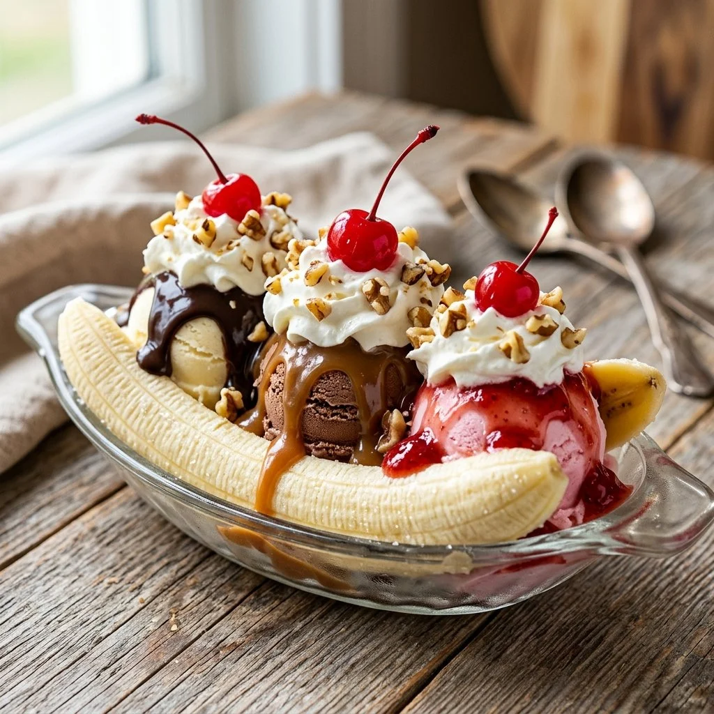Delicious banana split topped with ice cream, whipped cream, and cherries