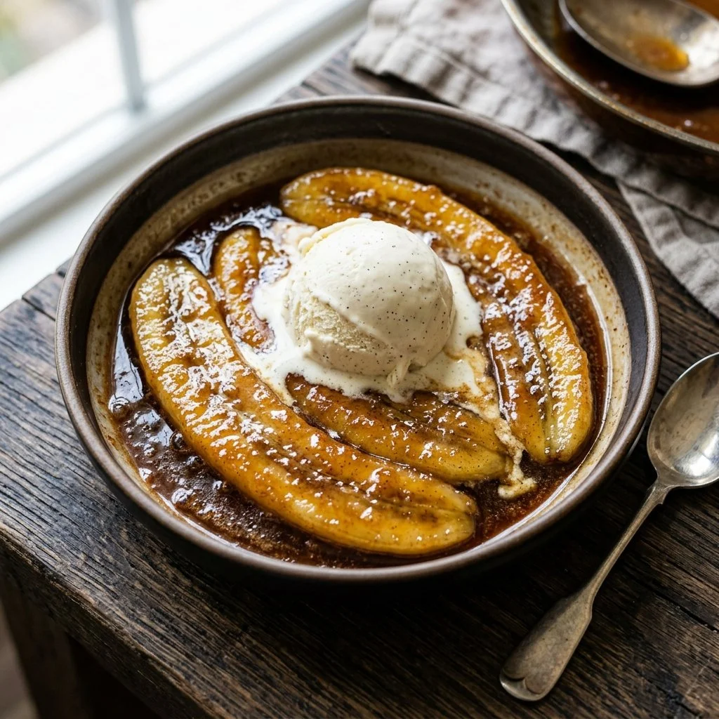 Delicious Bananas Foster dessert with caramelized bananas and rum sauce