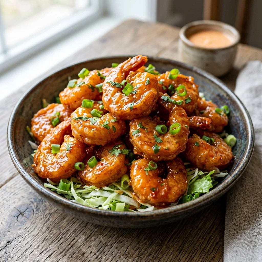 Plate of Bang Bang Shrimp topped with spicy sauce and garnished with scallions