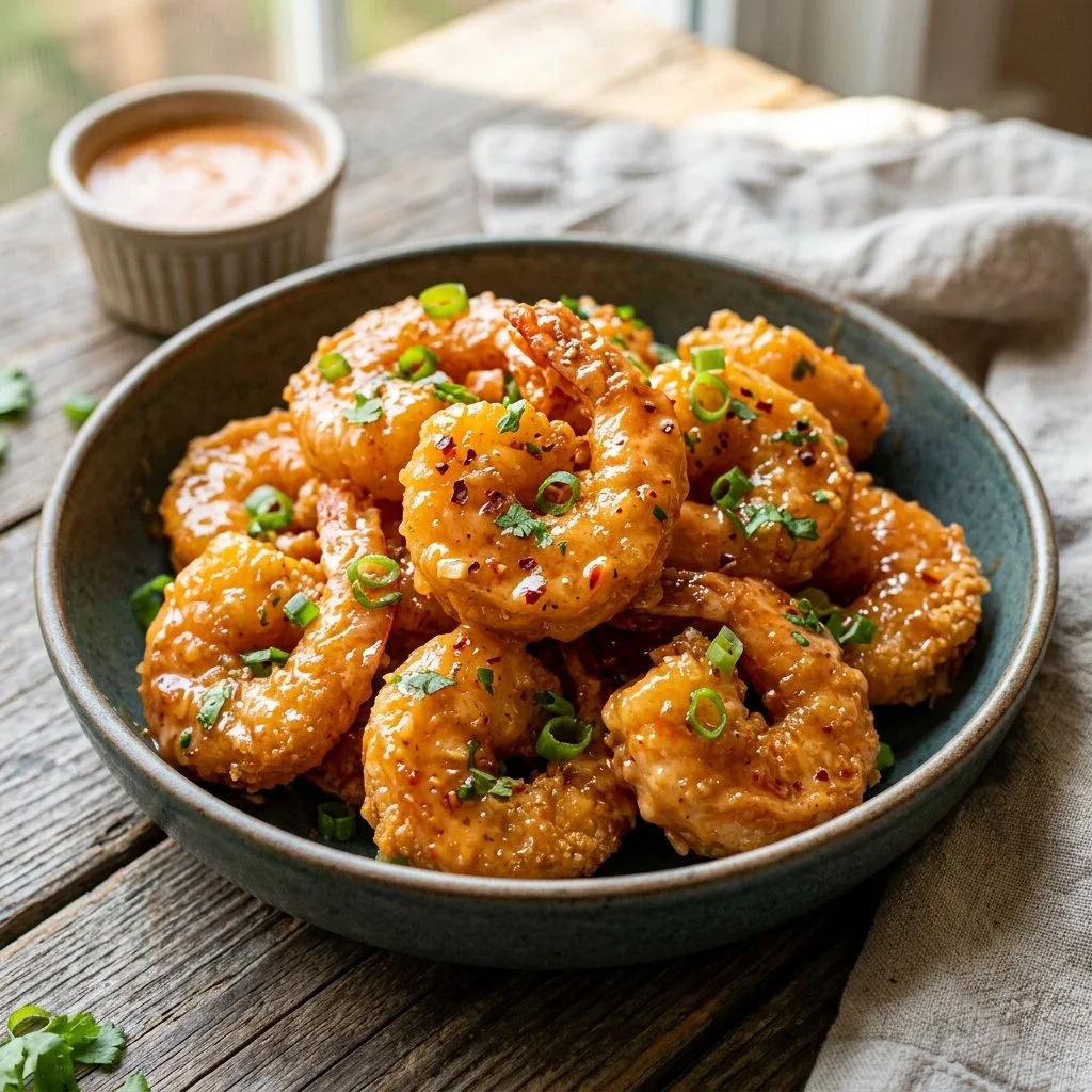Crispy Bang Bang Shrimp served with a spicy sauce on a plate