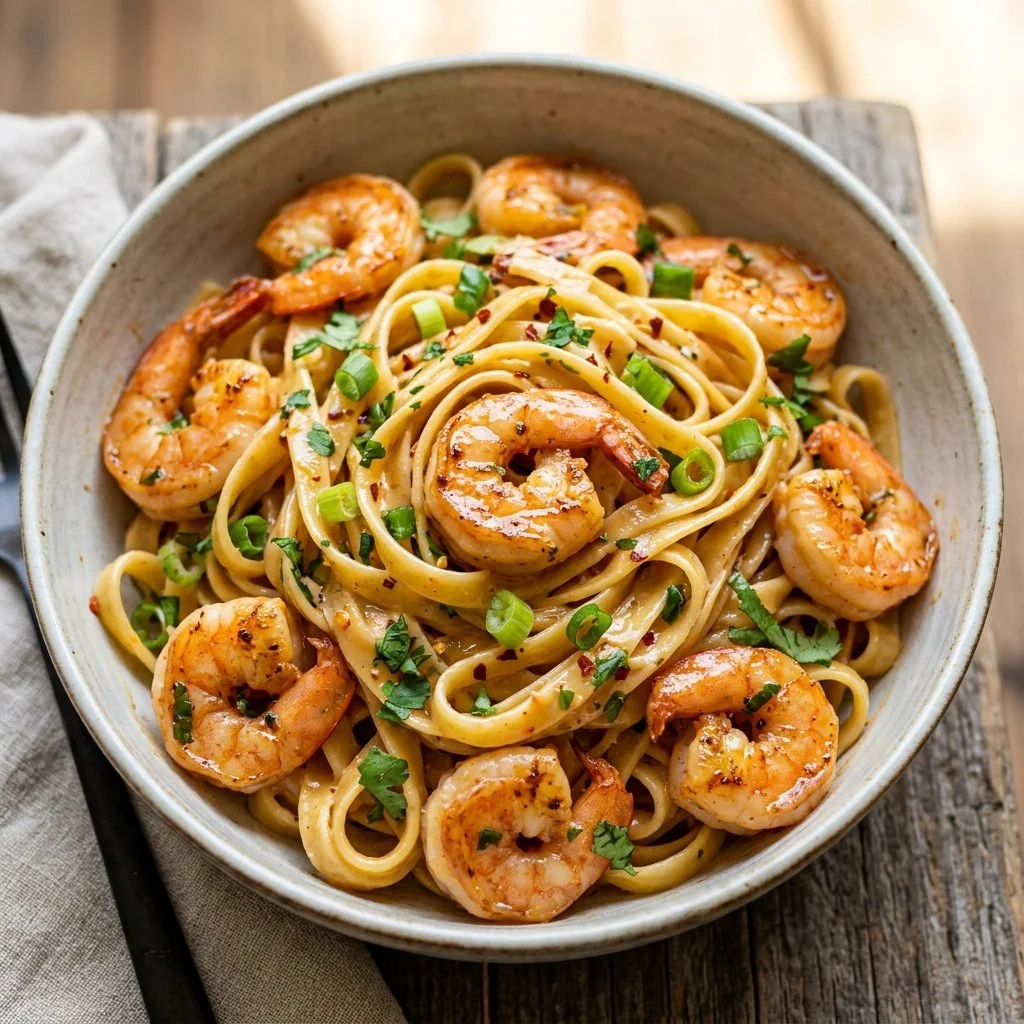 Bang Bang Shrimp Pasta served with a creamy sauce and garnished with green onions.