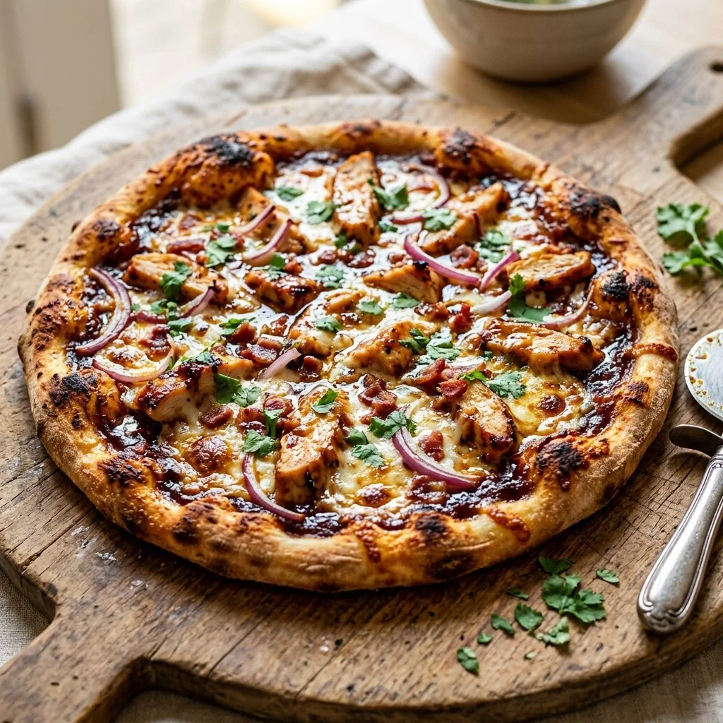 Delicious BBQ Chicken Pizza topped with smoky sauce, chicken, and cheese.