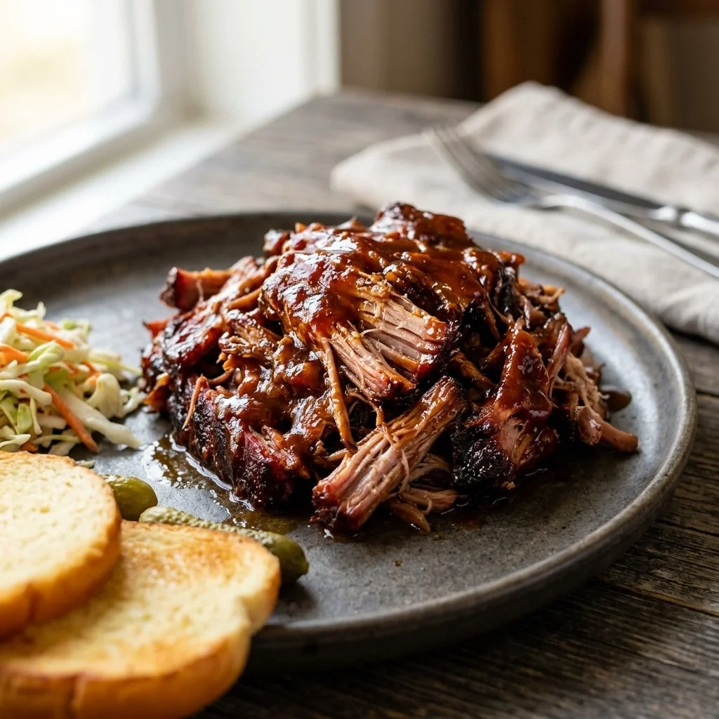 Delicious BBQ pulled pork served with coleslaw and buns