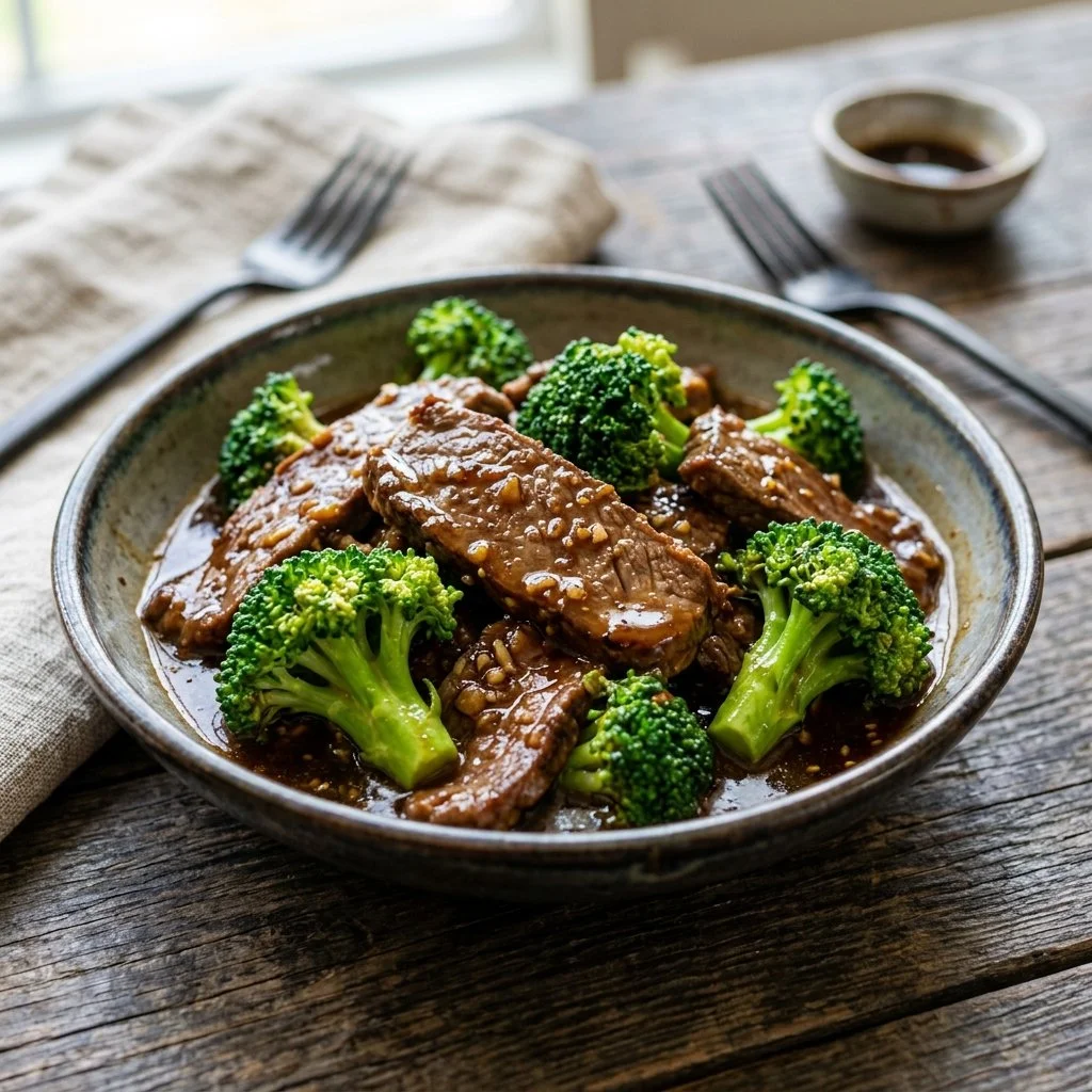 Plate of delicious Beef and Broccoli stir-fry with tender beef and fresh broccoli