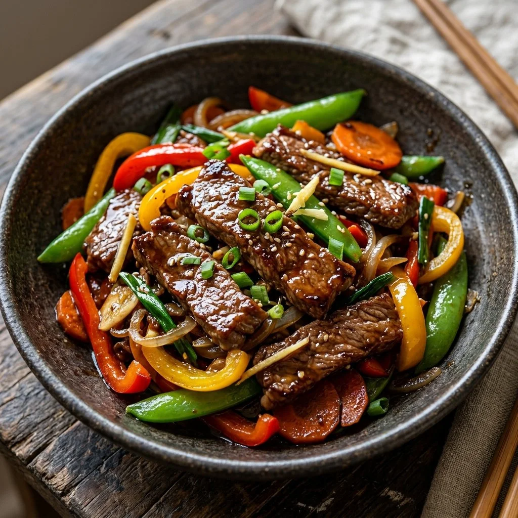 Colorful beef stir fry with assorted vegetables in a skillet