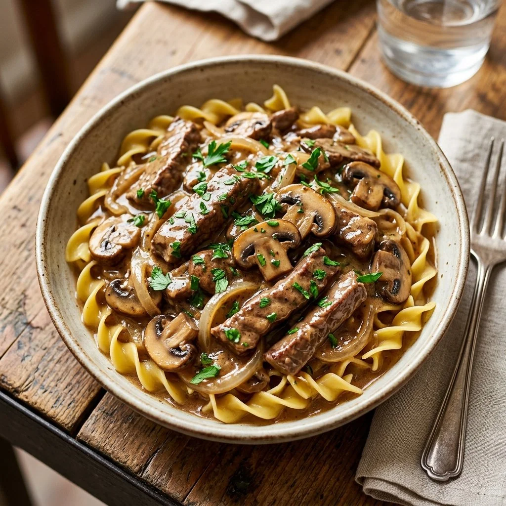 A delicious bowl of creamy Beef Stroganoff served over egg noodles