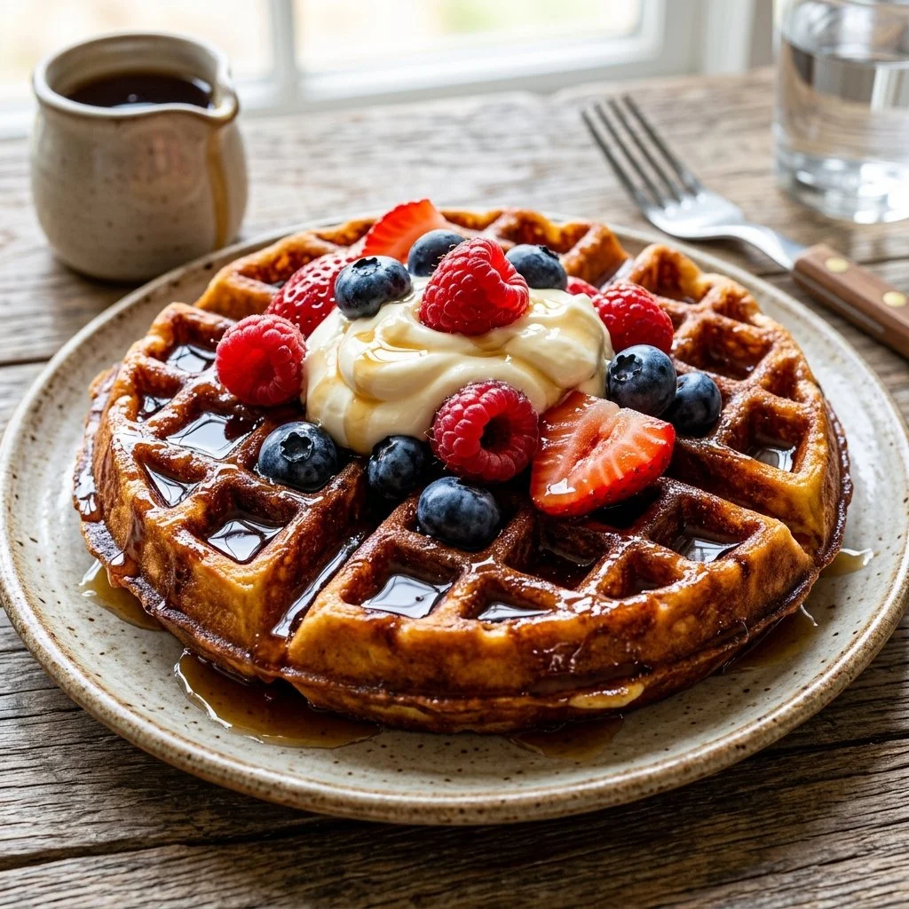 Deliciously topped Belgian waffles served on a plate.