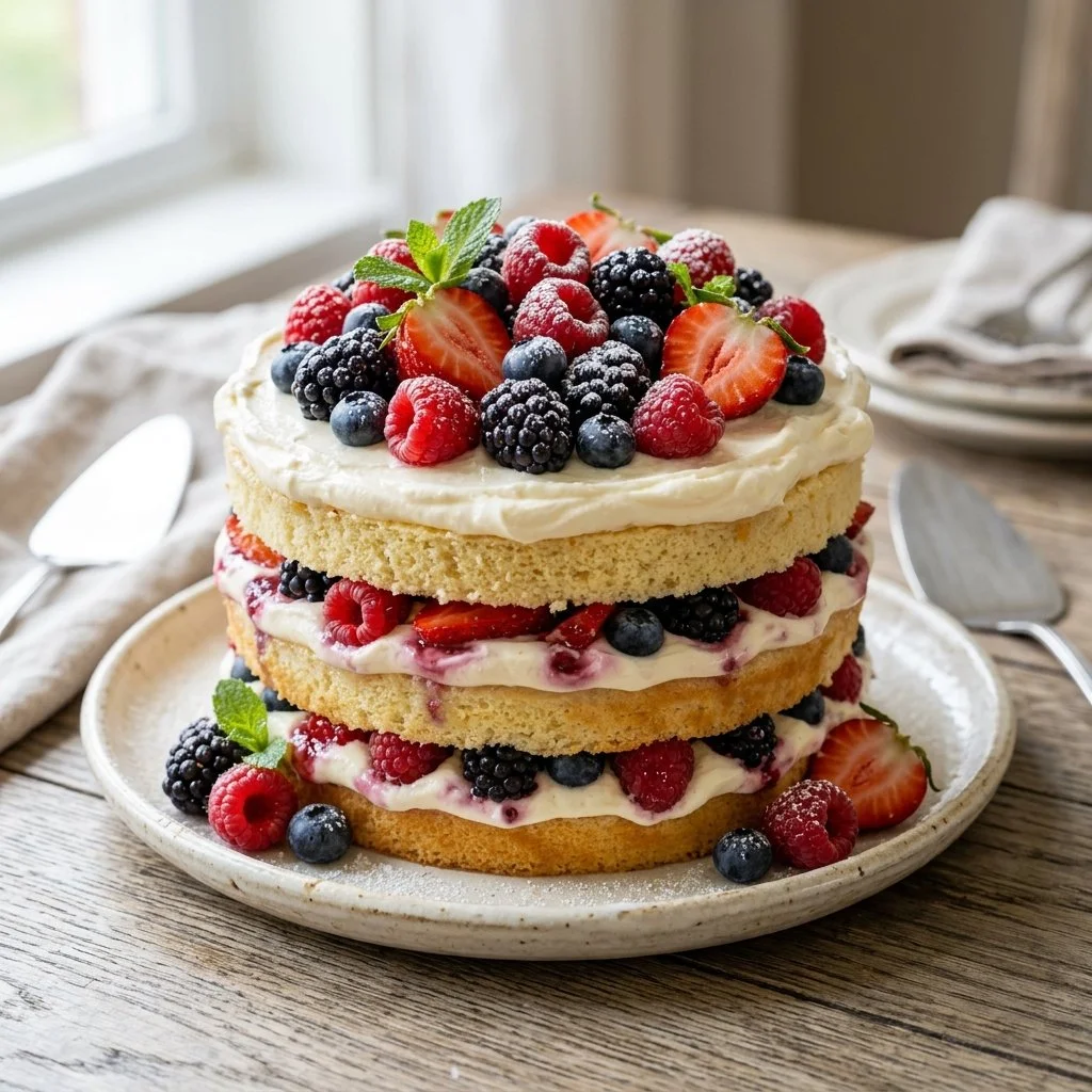 Berry Chantilly Cake topped with fresh berries and creamy frosting