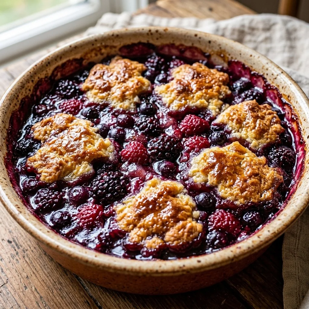 Delicious homemade berry cobbler with a golden crust and fresh berries