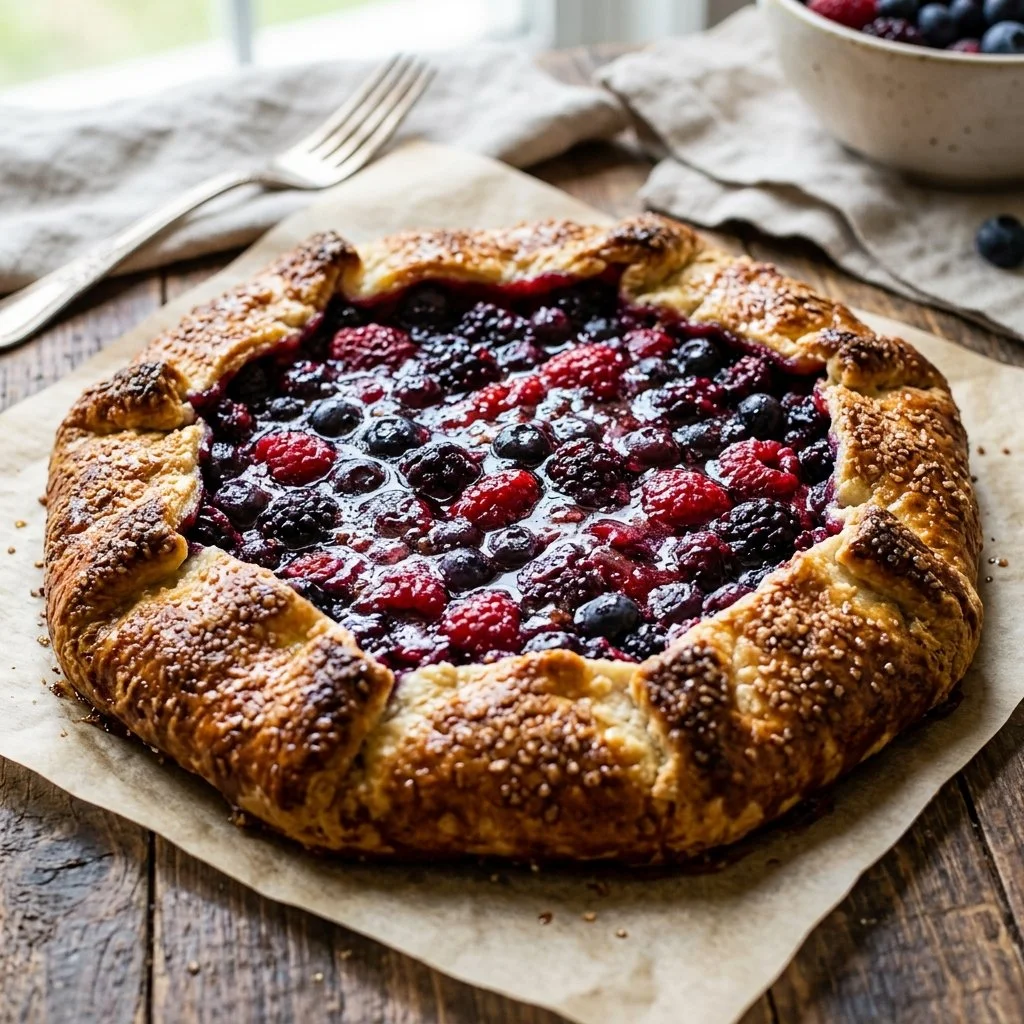 Freshly baked Berry Galette with mixed berries on a rustic wooden table.