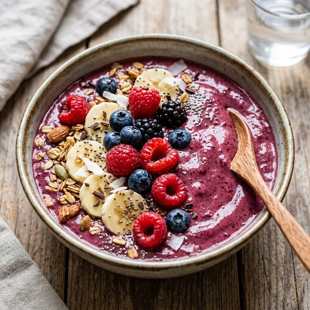 A colorful berry smoothie bowl topped with fresh fruits and granola