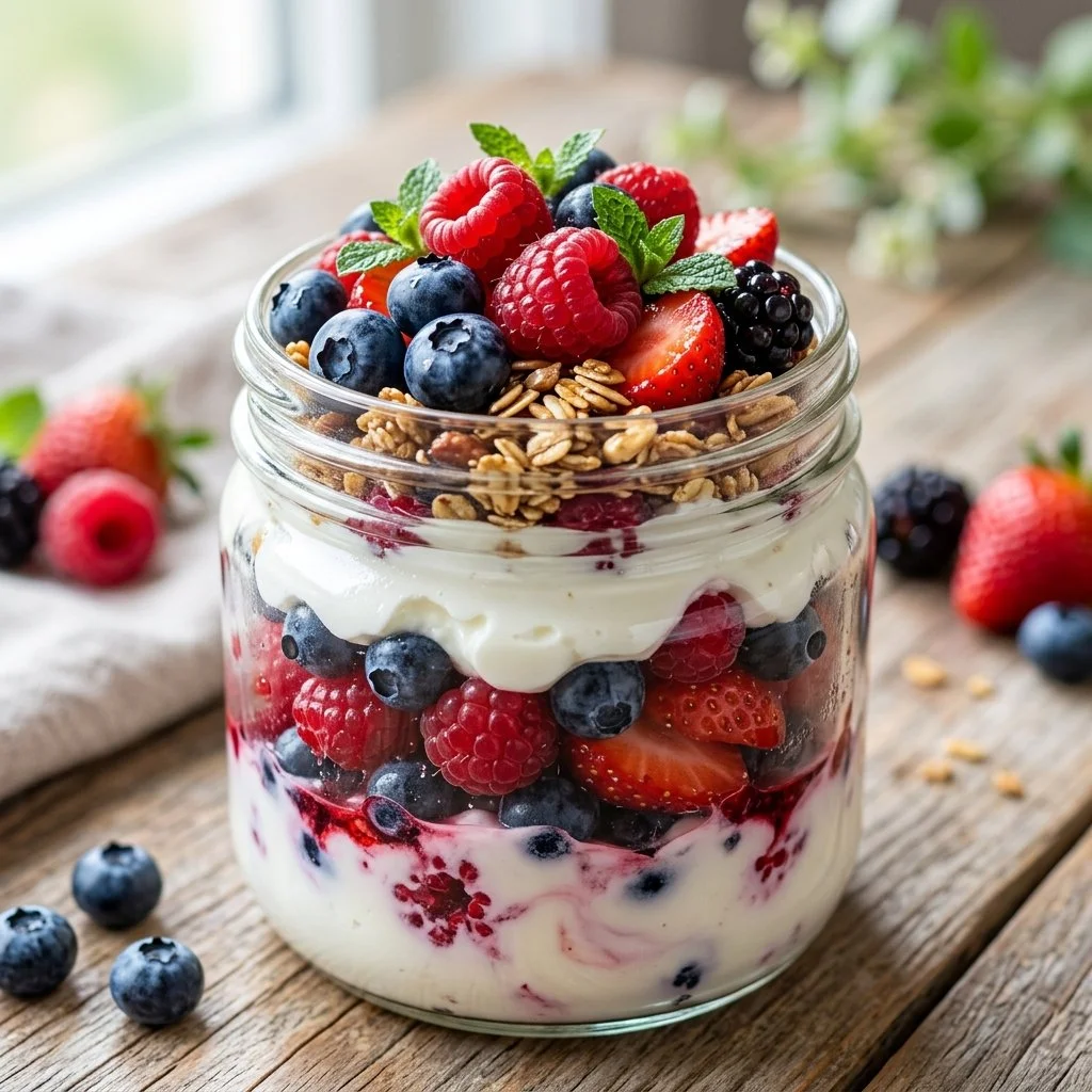 Delicious berry yogurt parfait with fresh berries and granola