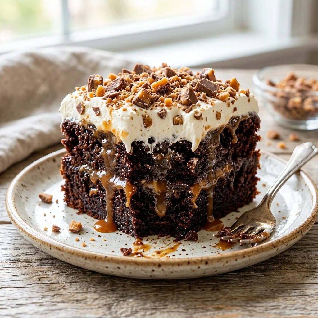 Delicious Better Than Sex Cake layered with chocolate and whipped cream