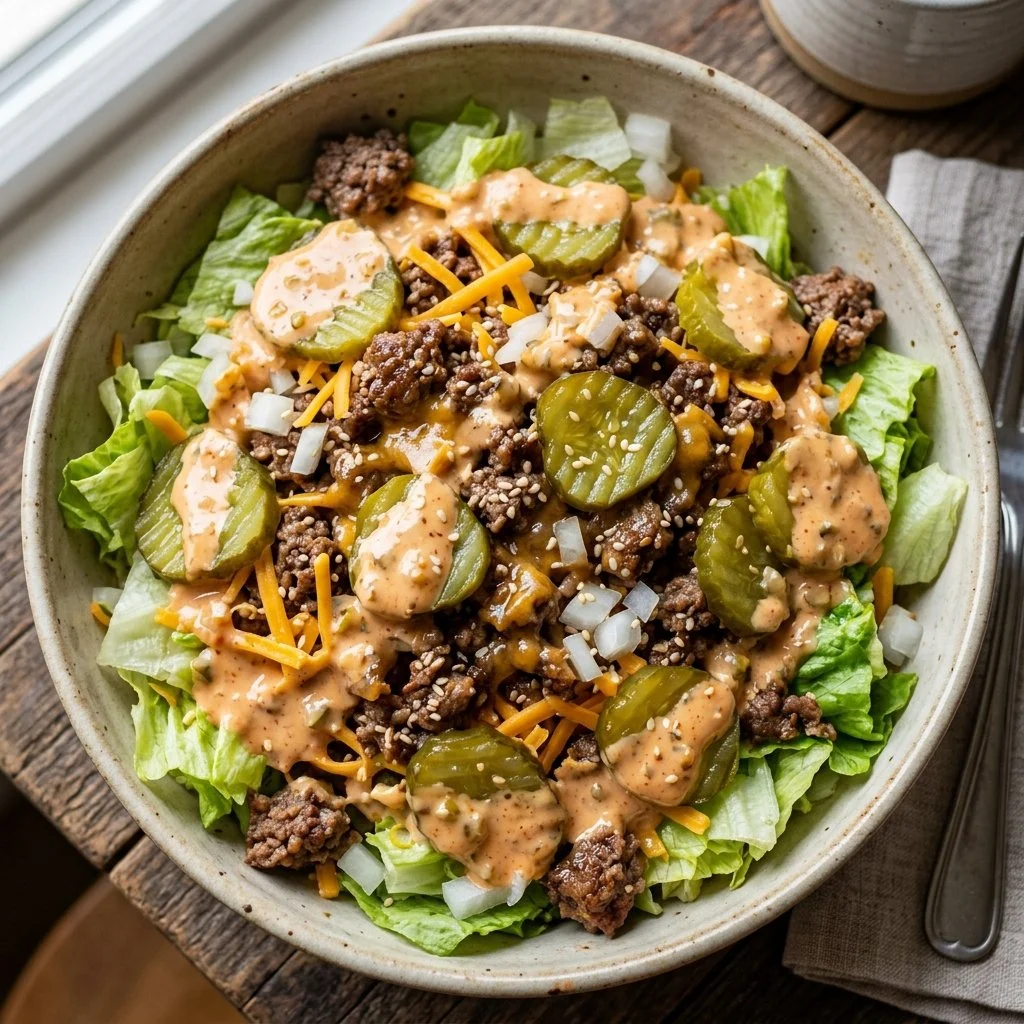 Delicious Big Mac Salad topped with lettuce, cheese, and special sauce.