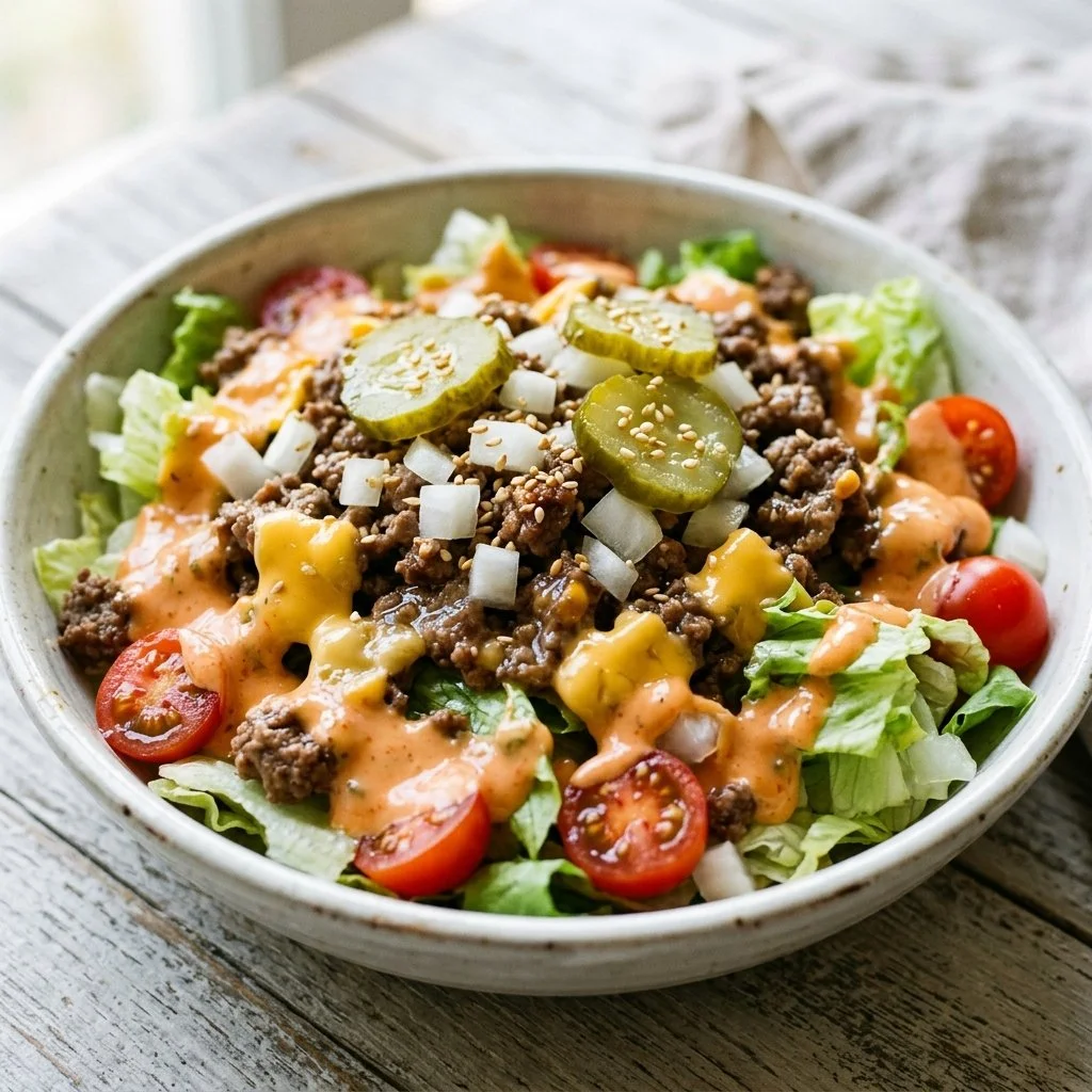 Big Mac Salad featuring lettuce, tomatoes, cheese, and special sauce in a bowl.