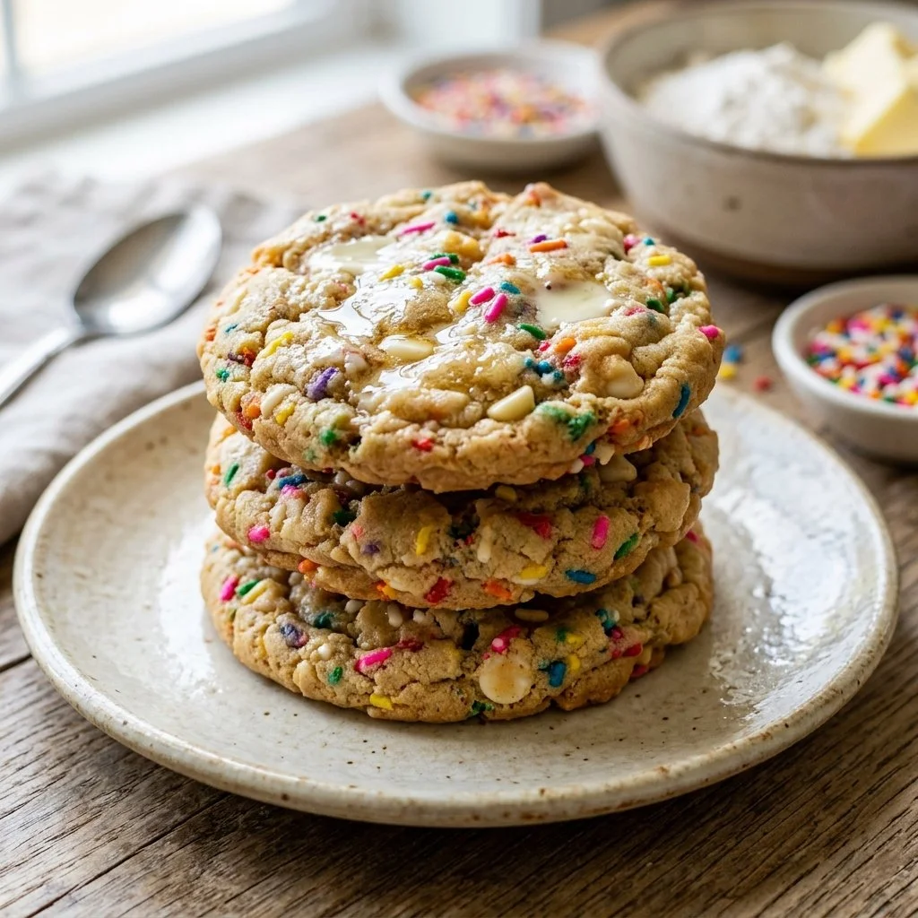 Delicious birthday cake cookies decorated with sprinkles and frosting