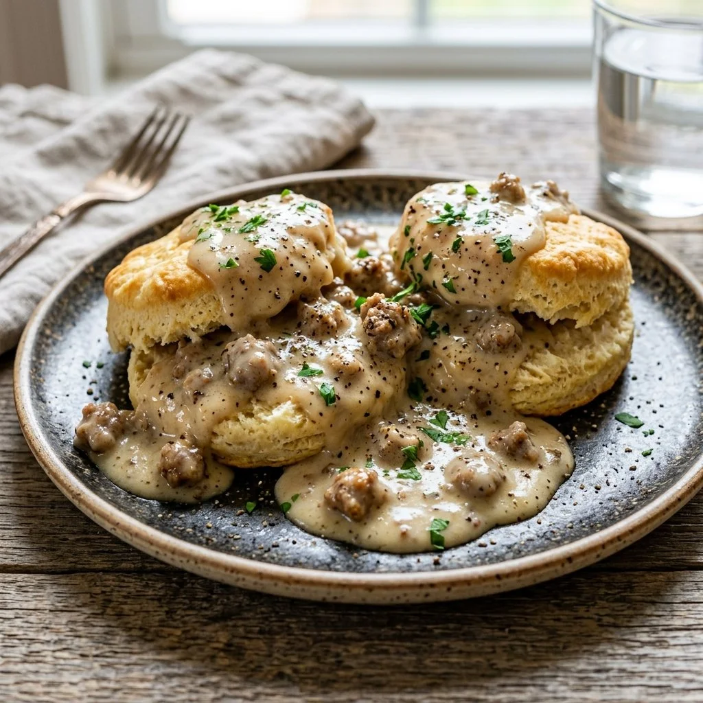 Delicious biscuits and gravy served on a plate, a comfort food classic.