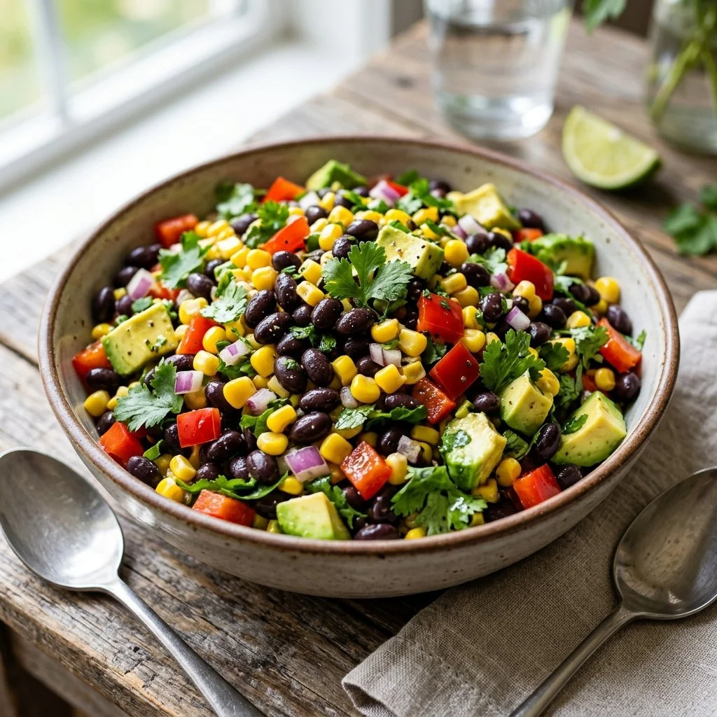 Delicious black bean corn salad with vibrant vegetables and seasonings