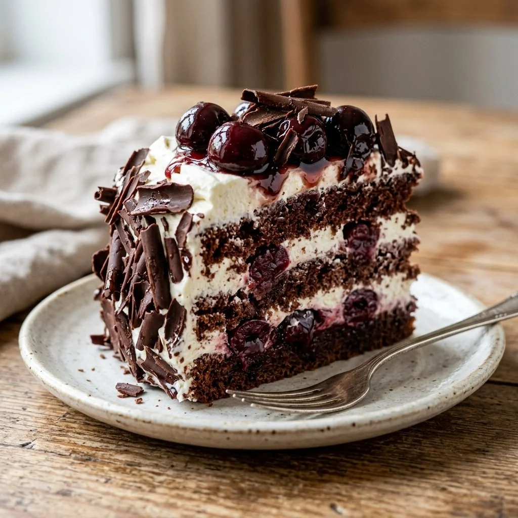Delicious Black Forest Cake with chocolate layers, cherries, and whipped cream