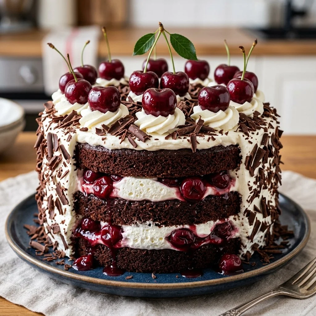Delicious Black Forest Cake with layers of chocolate, cream, and cherries