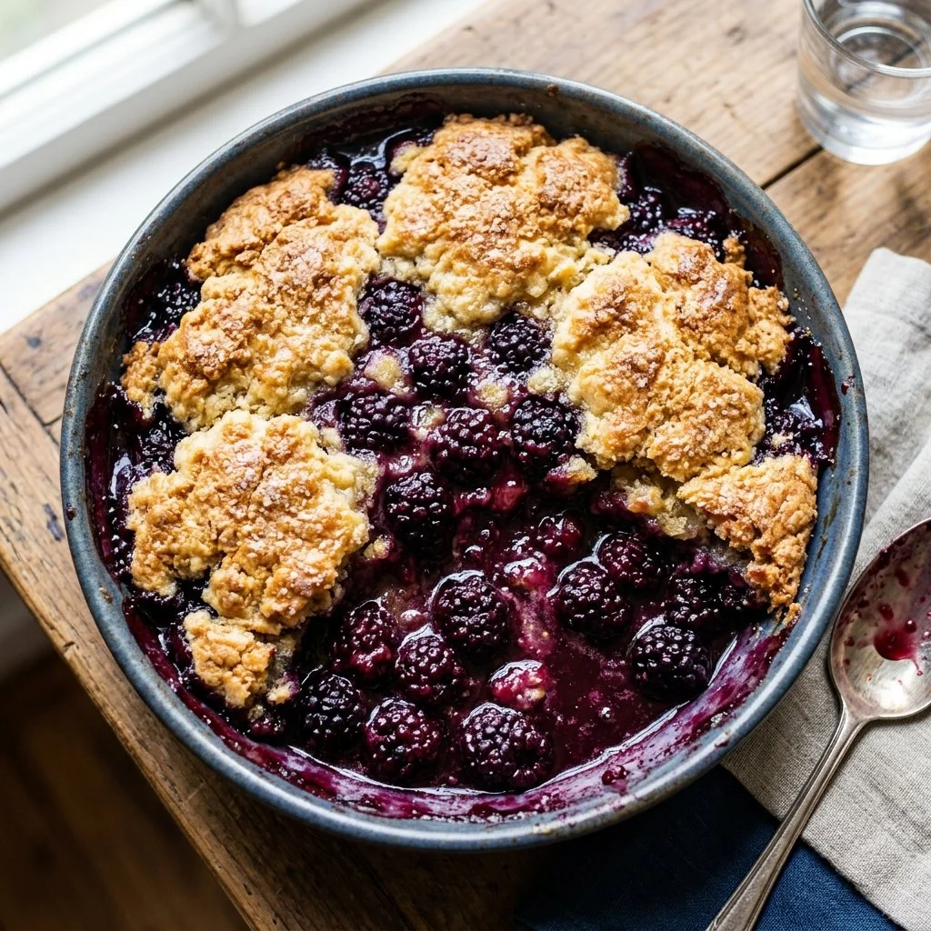 Freshly baked Blackberry Cobbler topped with ice cream.