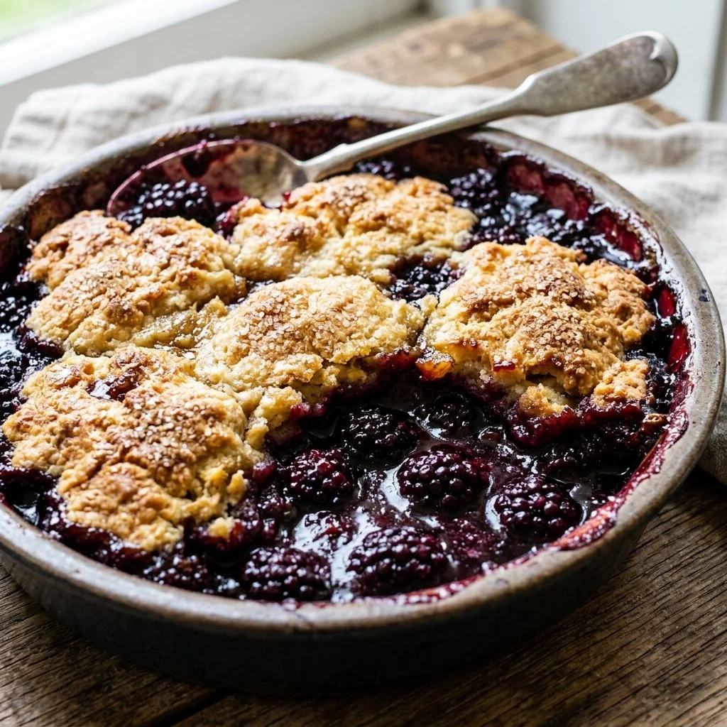 Delicious blackberry cobbler freshly baked with juicy blackberries and a golden crust