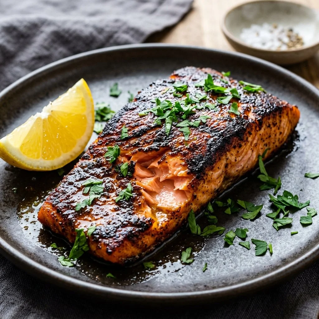 Deliciously cooked blackened salmon fillet on a plate with herbs