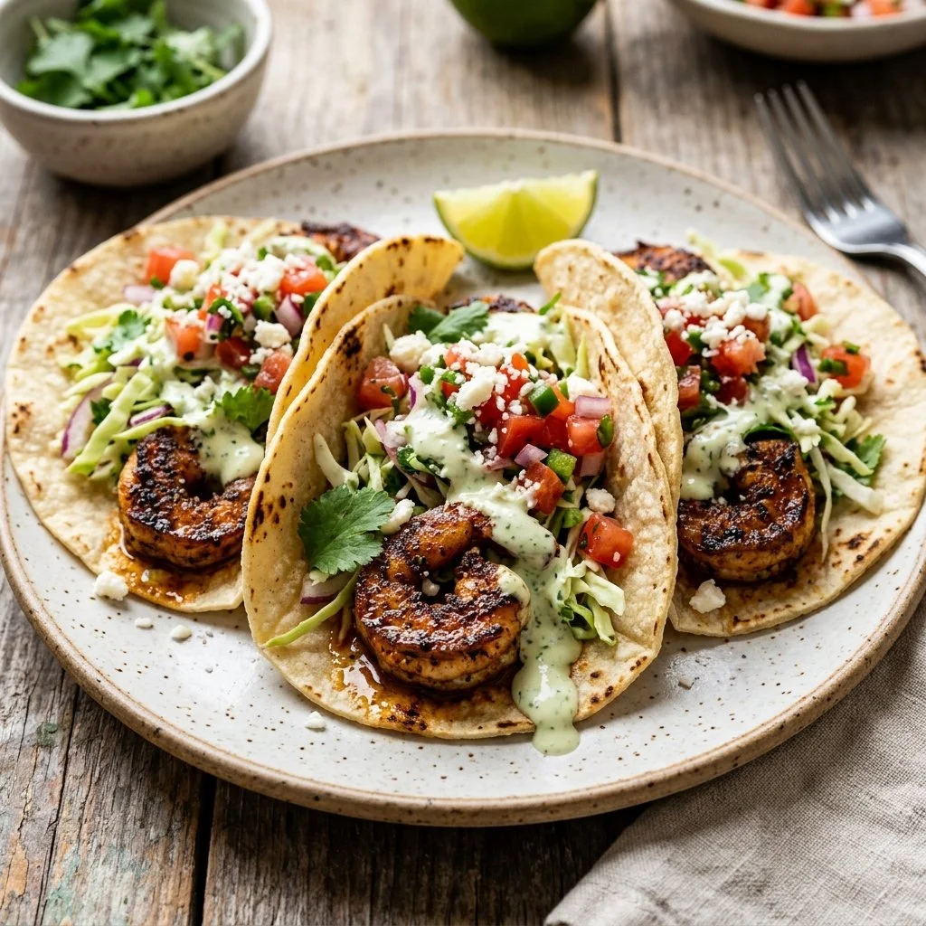 Delicious blackened shrimp tacos topped with fresh ingredients.