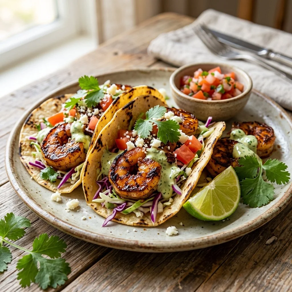 Delicious blackened shrimp tacos garnished with fresh vegetables and lime.