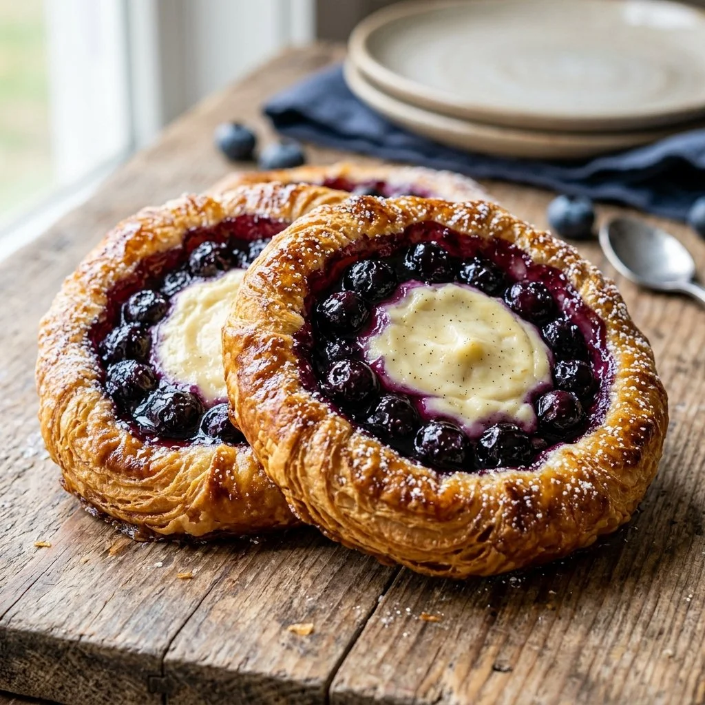 Blueberry cream cheese pastries on a plate, drizzled with glaze