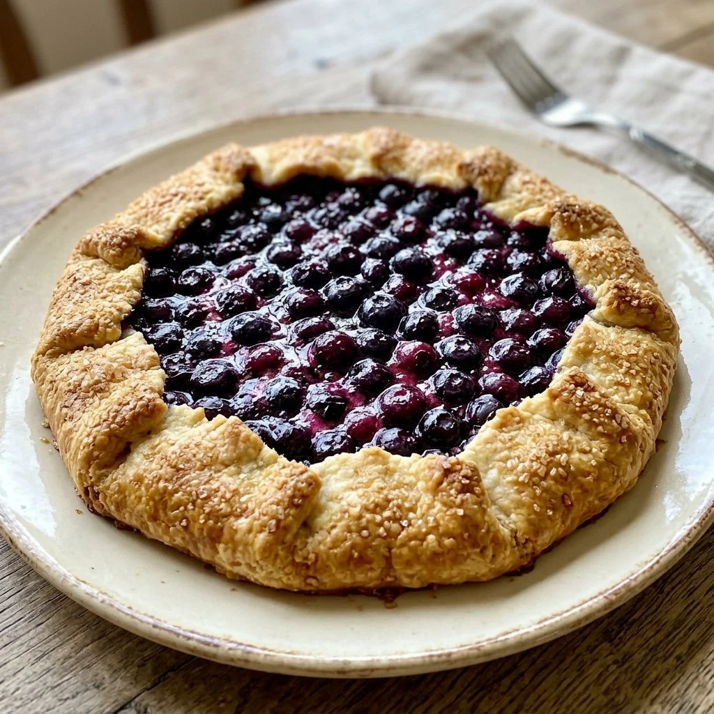 Homemade blueberry galette with fresh berries and flaky crust on a wooden table.