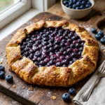 Freshly baked blueberry galette with golden crust and juicy filling