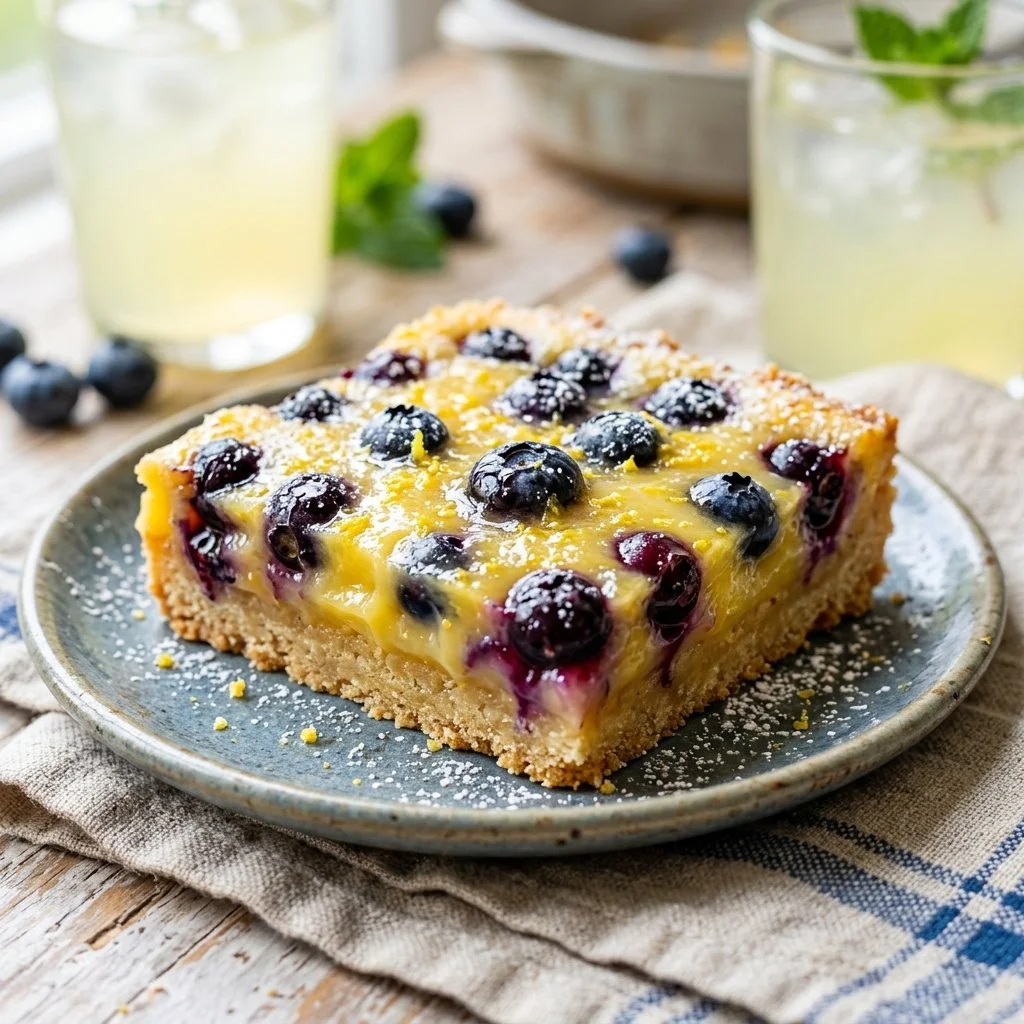 Homemade blueberry lemon bars served on a white plate with fresh blueberries