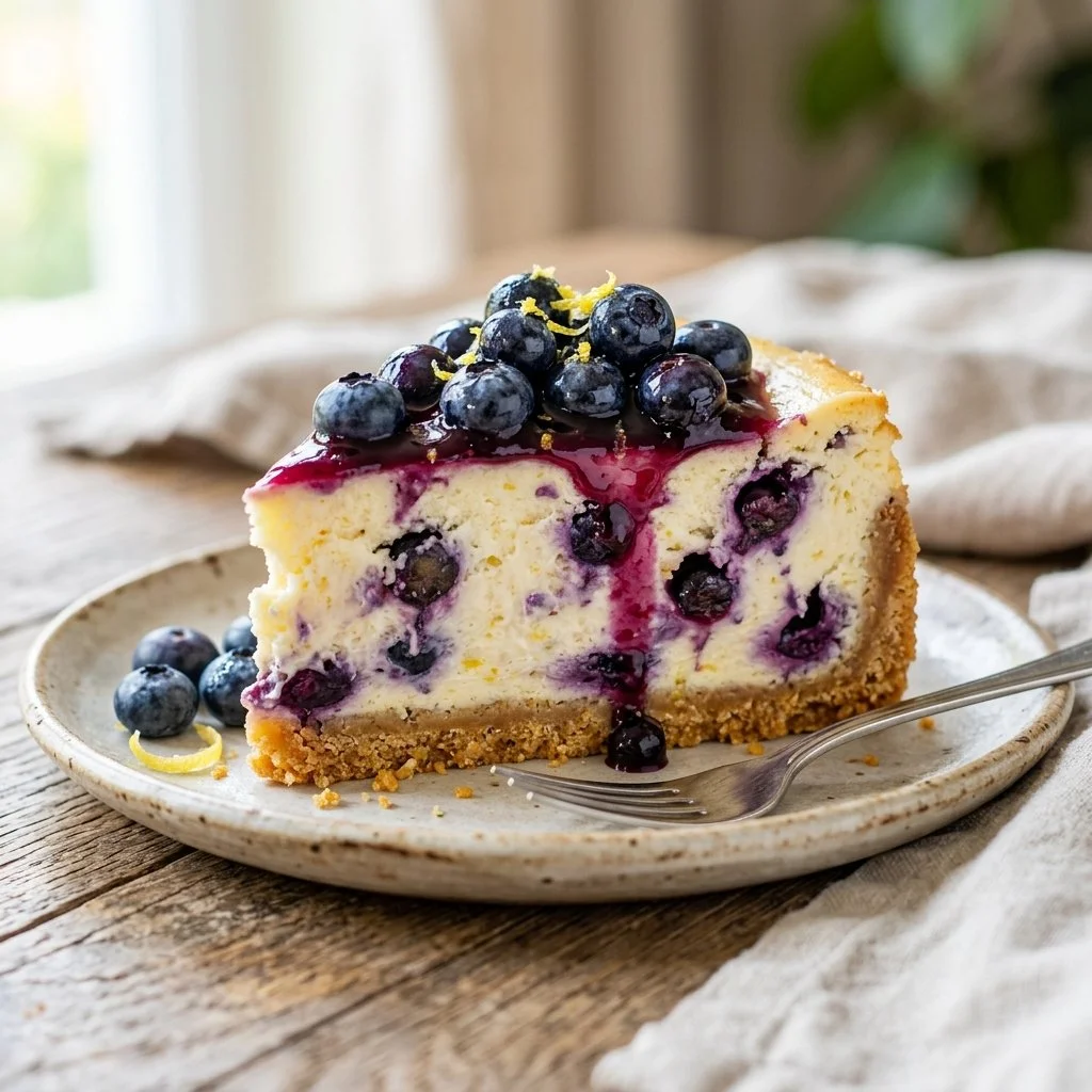 Delicious blueberry lemon cheesecake topped with fresh blueberries and lemon zest