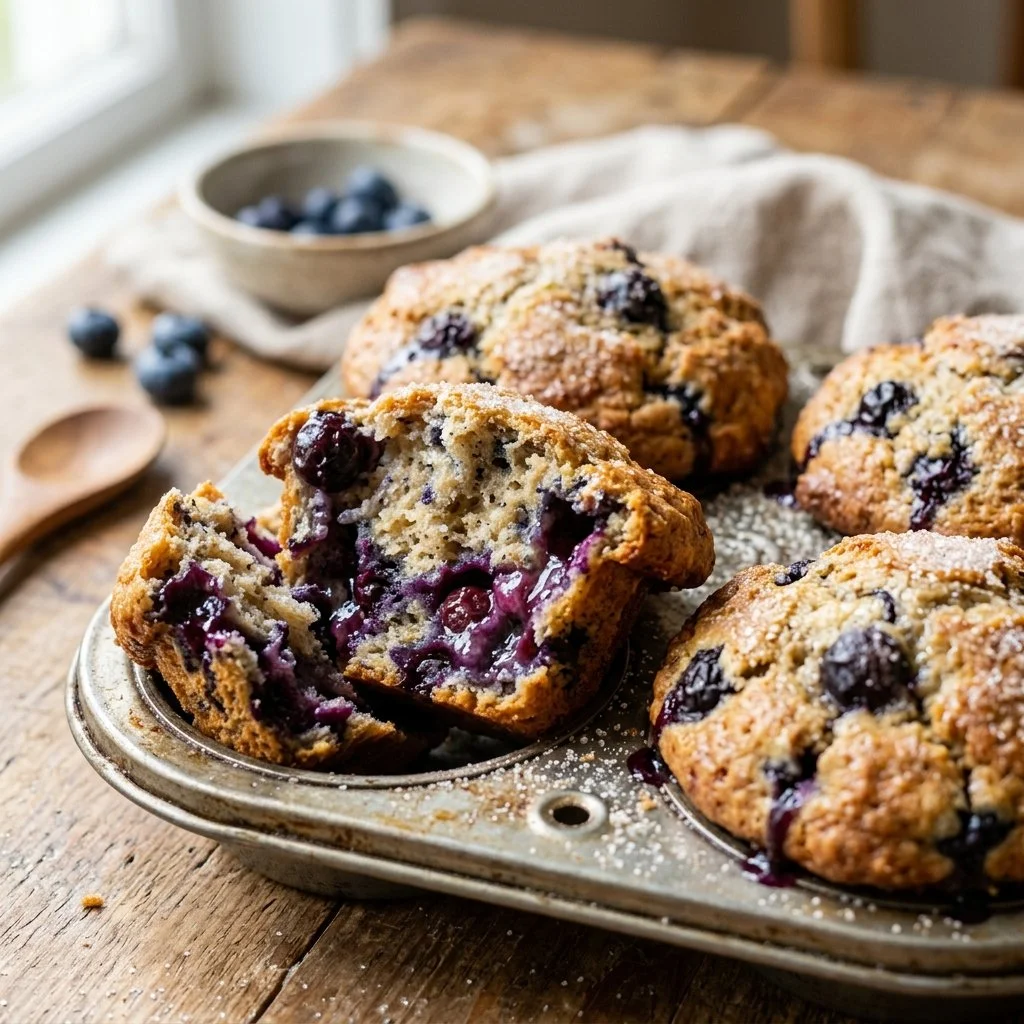 Freshly baked blueberry muffins on a cooling rack