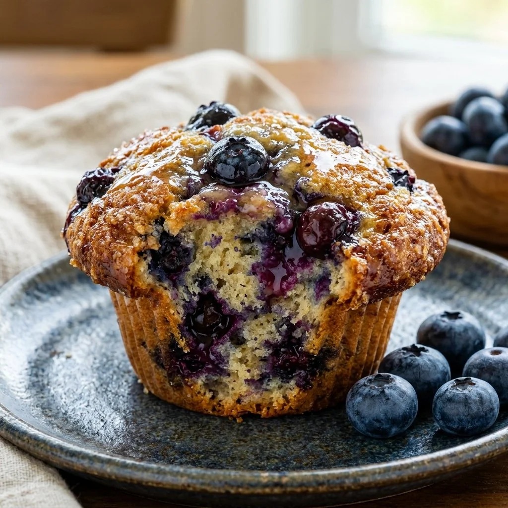 Freshly baked blueberry muffins with juicy berries and a golden crust