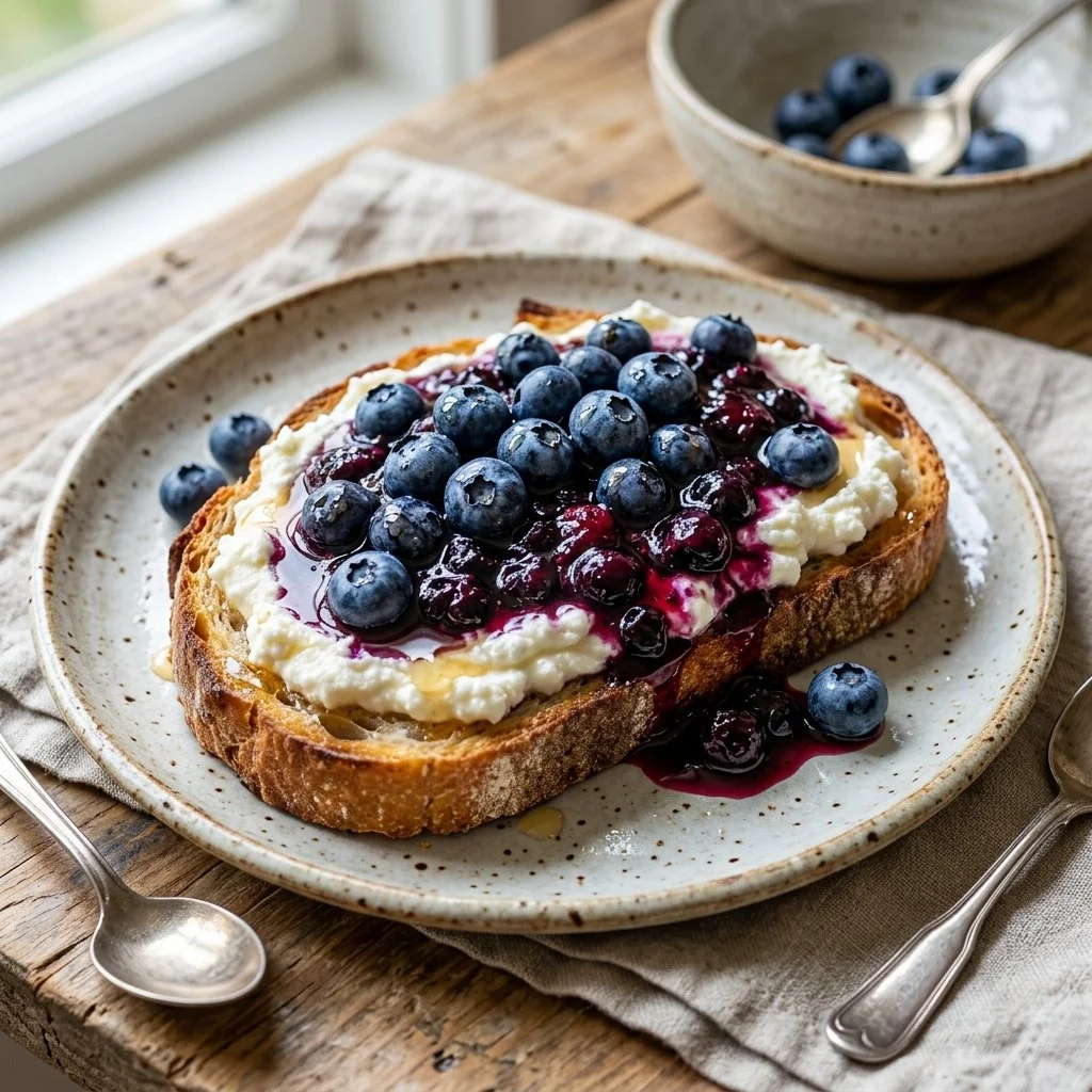 Delicious blueberry ricotta toast topped with fresh blueberries on toasted bread